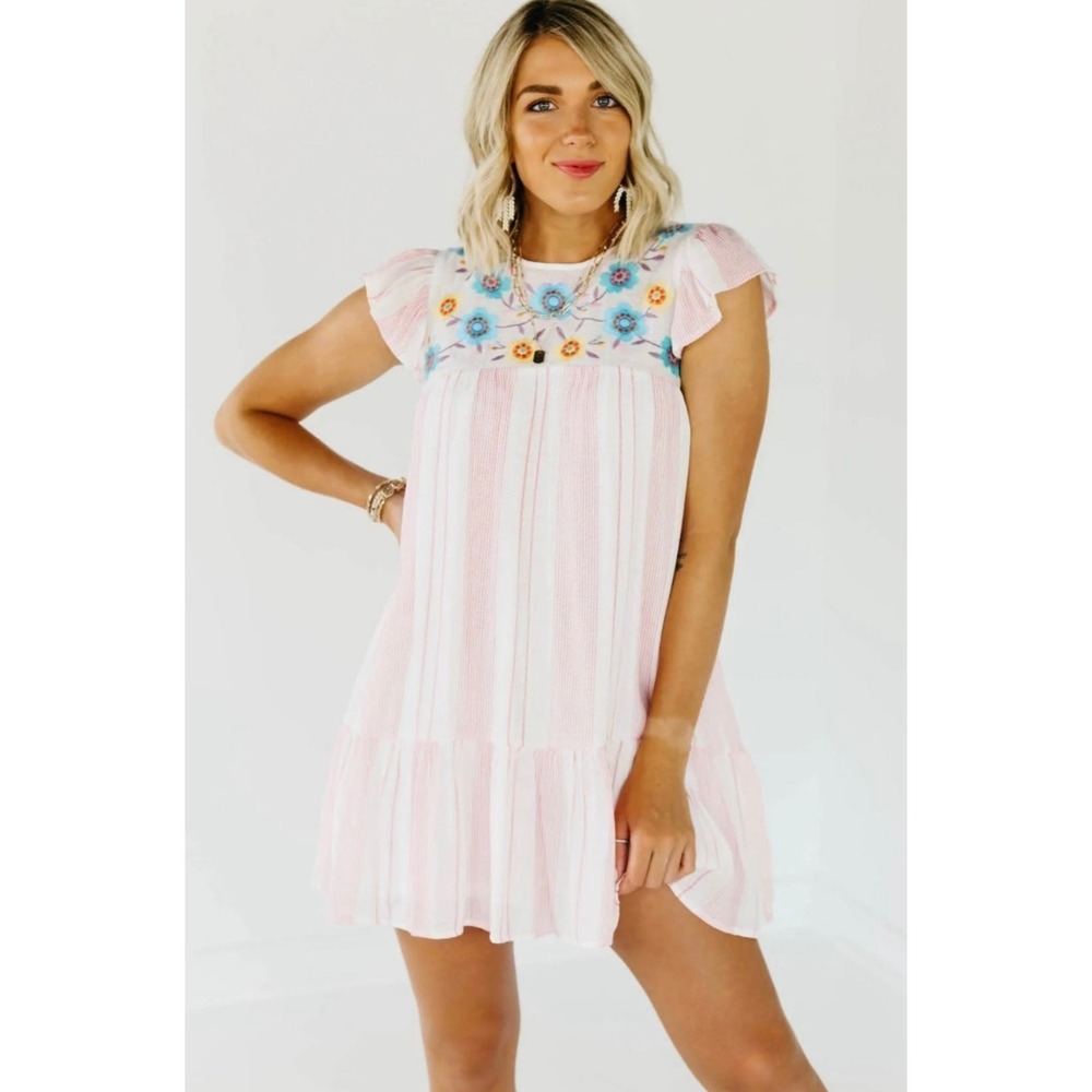 Perch by Blu Pepper Embroidered Floral Striped Tiered Ruffle Dress 3XL